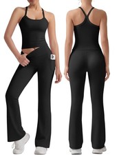Women 2 Piece Workout Sets Flare Leggings Tank Top Matching Athletic Gym Yoga...