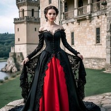 Gothic Black Red Wedding Dresses Off Shoulder Layered Lace Applique Bridal Gowns