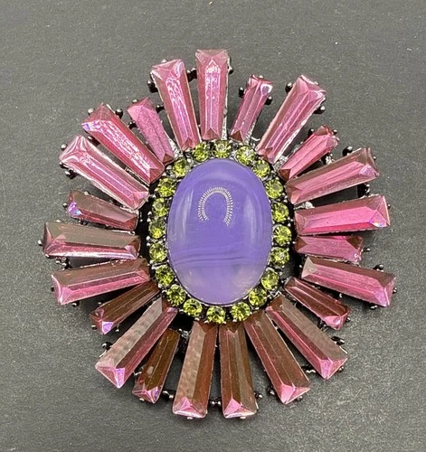 HUGE Brooch Pin Pink Purple Green Rhinestone Oval Ruffle J58