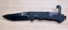 Gerber Hinderer Rescue Black Folding Knife Combo Blade w/Belt Cutter Glass Break