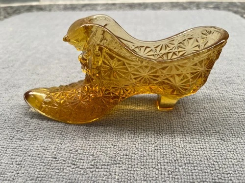 Vintage Amber Glass Shoe Slipper Daisy Button Fenton Cat Panther Head