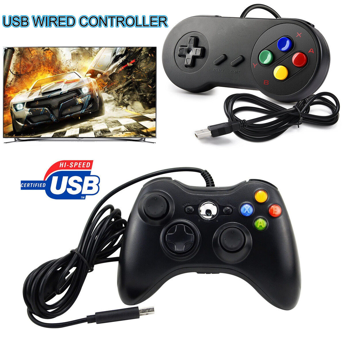 WIRED USB CONTROLLER FOR PC & XBOX 360 - BLACK