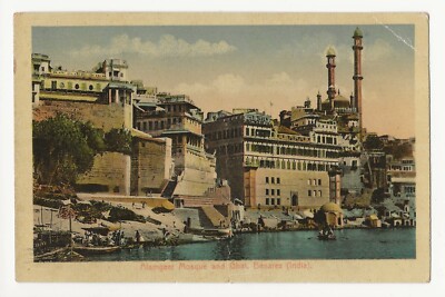 Postcard Alamgeer Mosque andThe Ghats Benares India Riverside Postcard Vintage