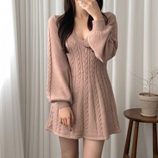 Autumn Womens Retro Pattern V-neck Lantern Sleeves A-line Knitted Sweater Dress 