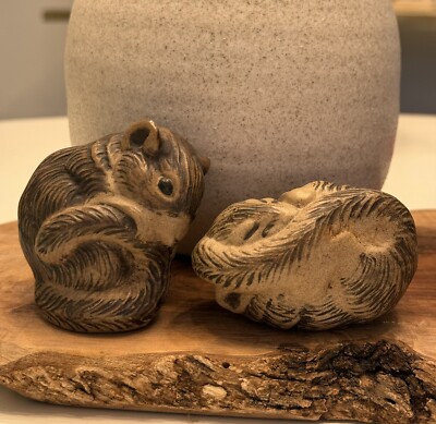 2 Vintage Poole Pottery Stoneware Dormouse Figurines Awake & Asleep England