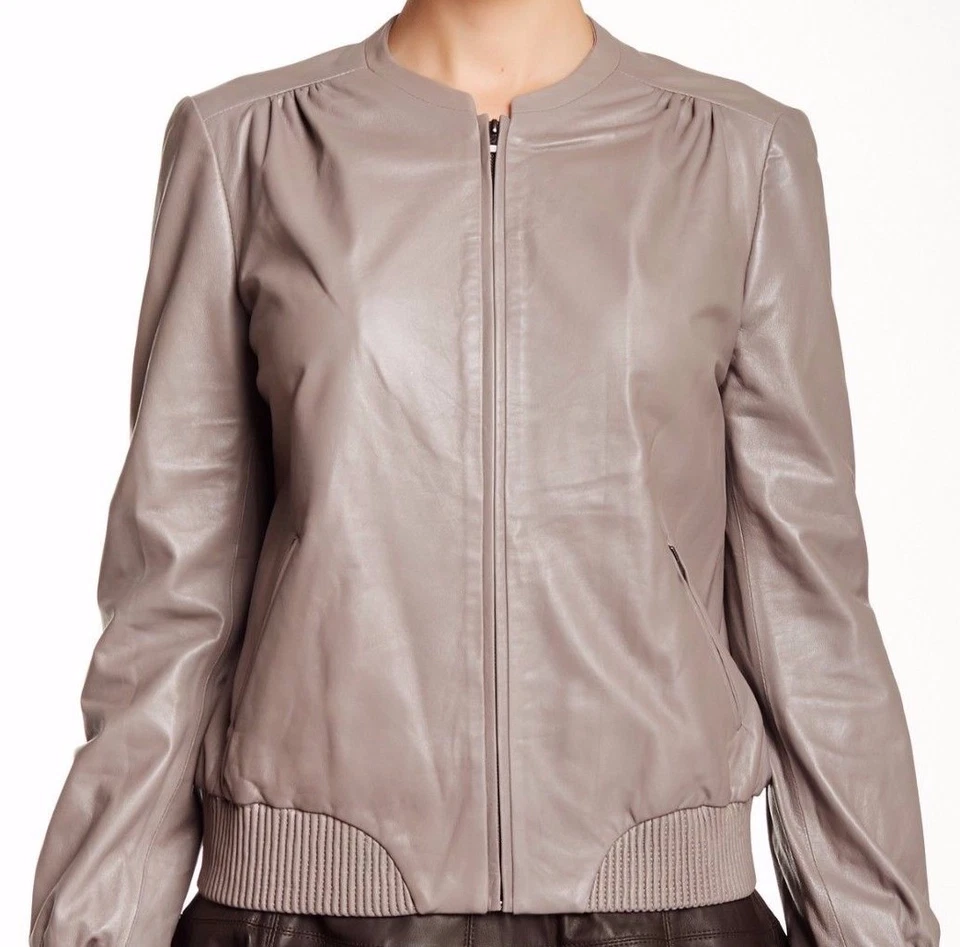 CHAQUETA BOMBER DE CUERO CON CREMALLERA FRONTAL TALLA 4 HALSTON HERITAGE $1,095 NUEVA CON ETIQUETAS Foto 2 de 4