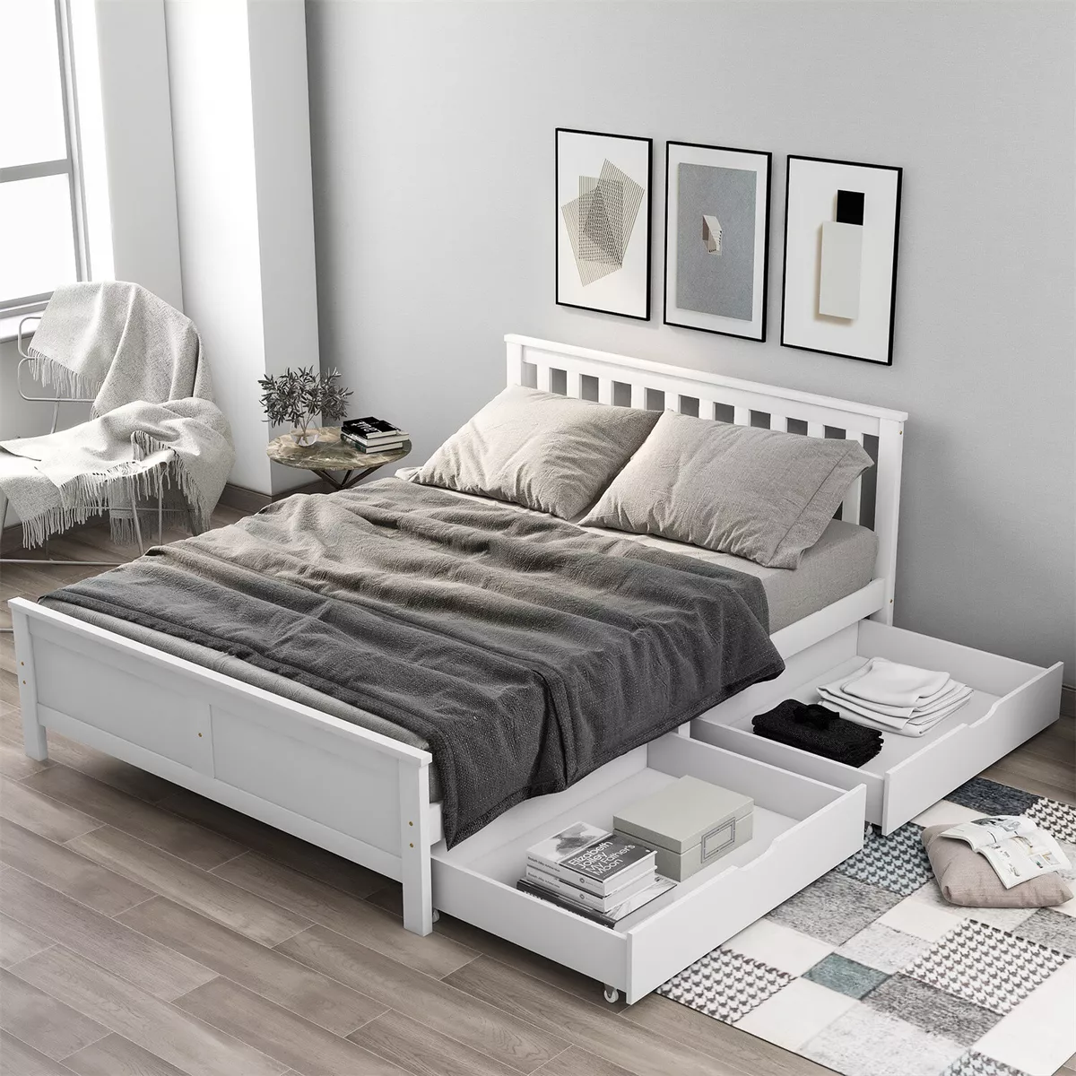 Wooden Single Double Bed Frame White With Storage 2 Drawers Bedroom Furniture