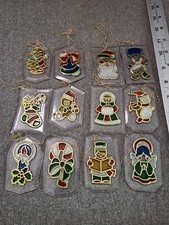 VINTAGE LOT OF 12 PLASTIC LUCITE ORNAMENTS CAROLER,SANTA CANDLE, STOCKING, ANGEL