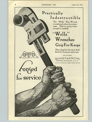 1918 PAPER AD Greenfield Tap & Die Ppe Wrench Wells W&B Whitman & Barnes