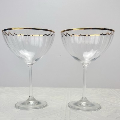 New Anthropologie Waterfall Coupe Glass Set 2 24k Gold Hand Painted Rim