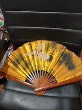 1950s Large 28" Vintage Hand-Painted Fan- Gilt Floral Bird Chinese Wall Art