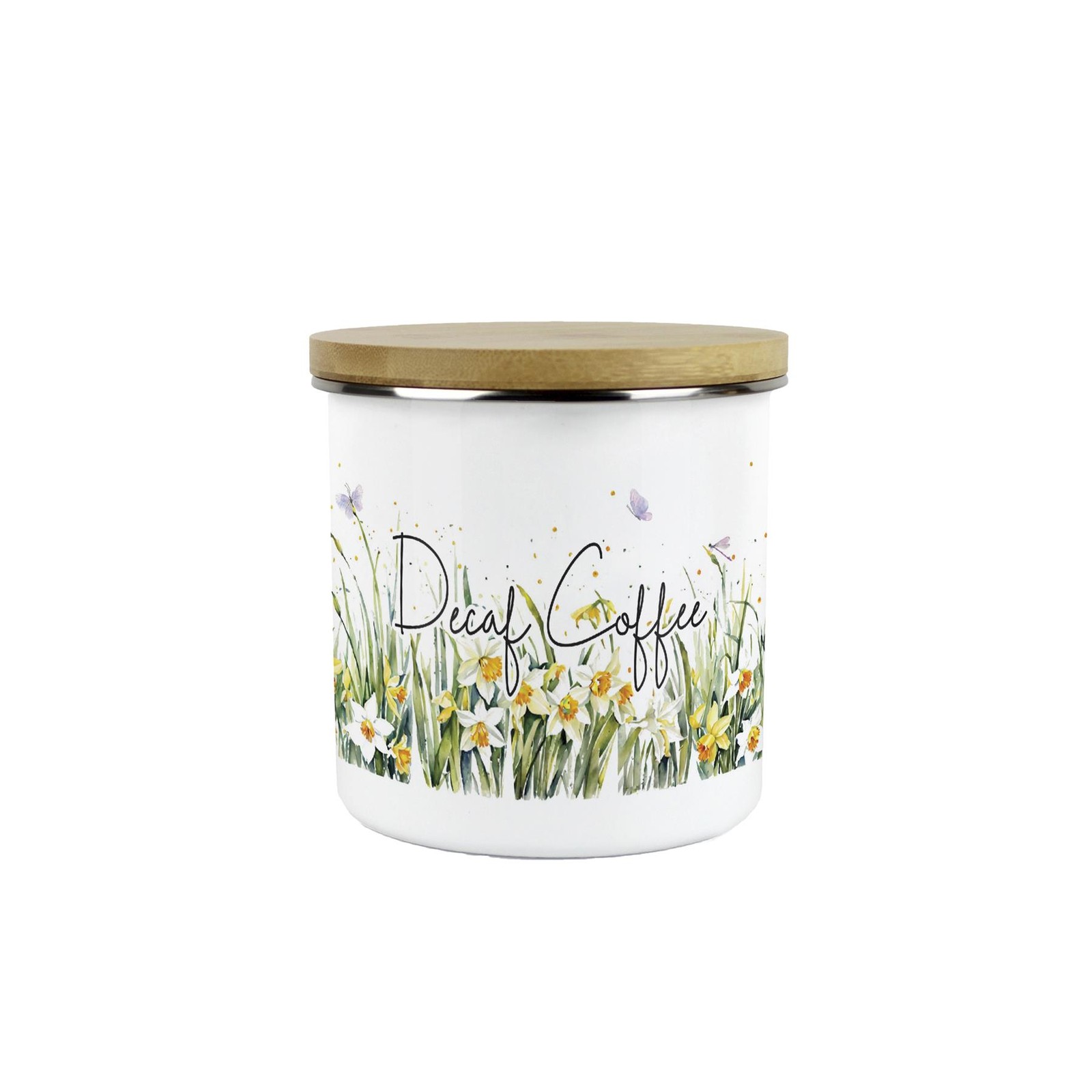 Spring Daffodils Decaf Coffee Canister - Floral Enamel Kitchen Storage Jar Gift