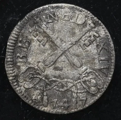 ITALY, Papal States 1747 AD, Silver 2 Baiocchi Medieval Pope 2Bai Coin, NGC XF