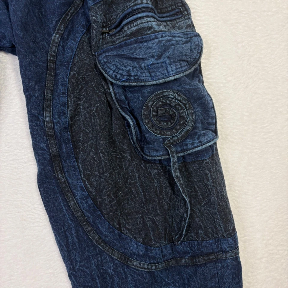 Boho Harem Pants Medium Blue Cotton Tie Waist Cargo Pockets Drop Crotch Festival - Image 3 of 4