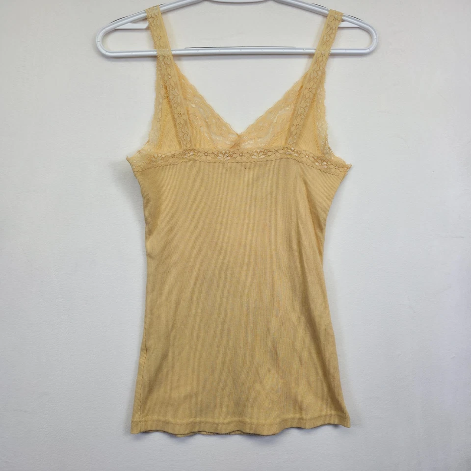Y2K Tank Top Women S Yellow Floral Lace Trim Ribbed Knit Babydoll Coquette Fairy - Image 3 of 4