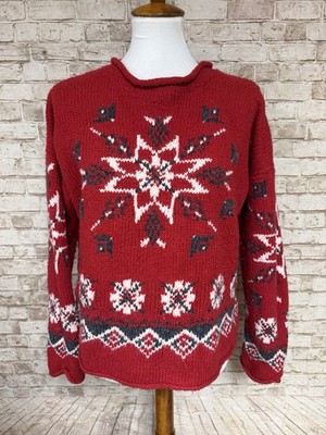 Vtg Best authentic Roll Neck Wool Red Floral Sweater Star M True North Aran