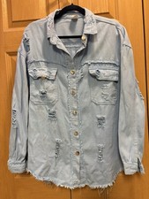 Light Blue Denim Distressed Jean Jacket XL, Longer Length