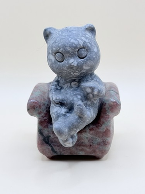 #ad Fossil Jasper Shelf Sitting Cat On Strawberry Quartz Chair Crystal Carvings $21.00