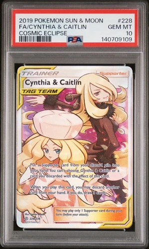 2019 POKEMON SUN & MOON COSMIC ECLIPSE #228 FULL ART/CYNTHIA & CAITLIN PSA 10