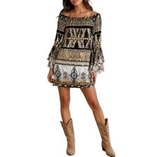 Parker Mini Dress XS Black Gray Tan Gold Abstract Stretch Bell Sleeve Boho Chic