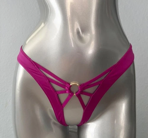 Victoria's Secret Panty High Leg Thong Pink Open Sexy Strappy Gold Ring S M L XL