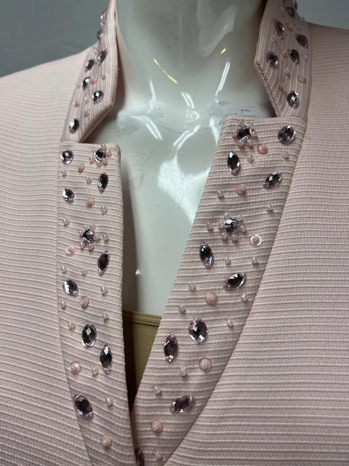 Traje Blazer y Falda Tahari Para Mujer 12 Rosa Claro Adornado Perlas Texturizadas Foto 3 de 4