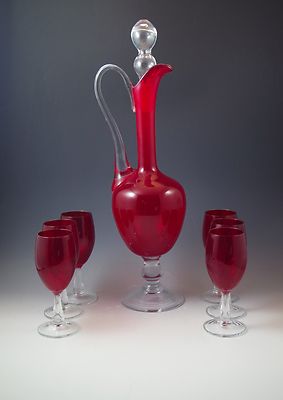 MID CENTURY EMPOLI ITALY RUBY RED GLASS WINE DECANTER SET 7 pcs GOBLETS ORIG BOX