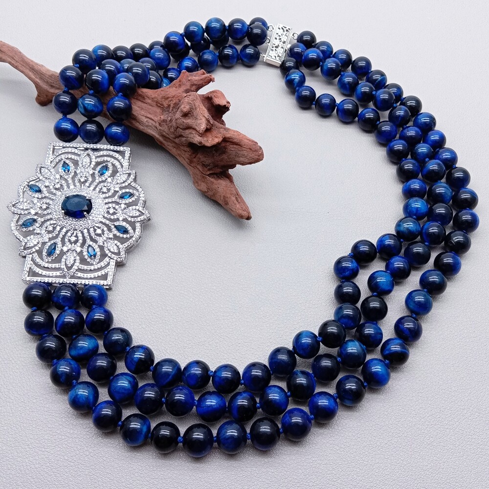 Strands Blue Tiger Eye Chunk Coller Choker Necklace Big Cz