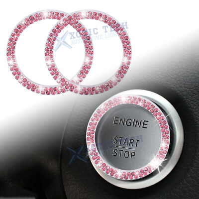 2-Pack Rhinestone Car Start Button Stickers - Sparkling Bling Ring For Push-to-Start Ignition, Pink Crystal Decorative Cover