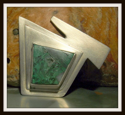 Malachite and Agate one of a kind Sterling Silver Brooch Pin - Picture 4 of 5
