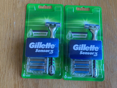 X2 Brandneu & Versiegelt GILLETTE Sensor 3 SENSITIVE Rasierer +6 Nachfüllklingen DUO