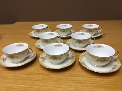 Vintage 1930 s NORITAKE  M'' China (8 Sets) Footed Cups & Saucers - Excellent 