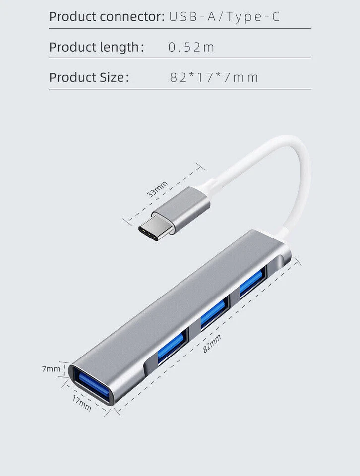 USB-C Type C to USB 3.0 4 Port Hub Splitter For PC Mac Phone MacBook Pro iPad - Image 2 of 4