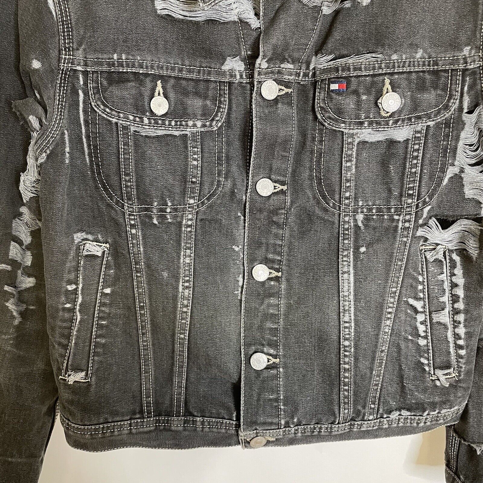 Tommy Hilfiger Denim Jacket Womens Medium Black Distressed Button Up Cotton