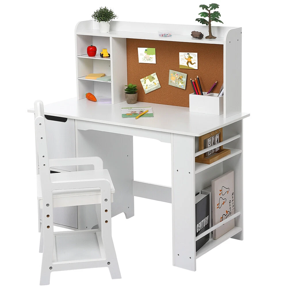 Writing Desk Chair Set Study Table Small White Desk w/ Bookshelf Student  Kids US