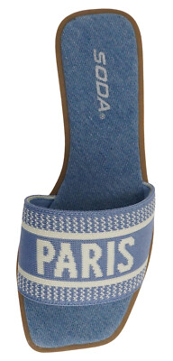 Soda Women FlipFlops Square Open Toe Embroider Band Flat Sandal FLAIR Denim Blue
