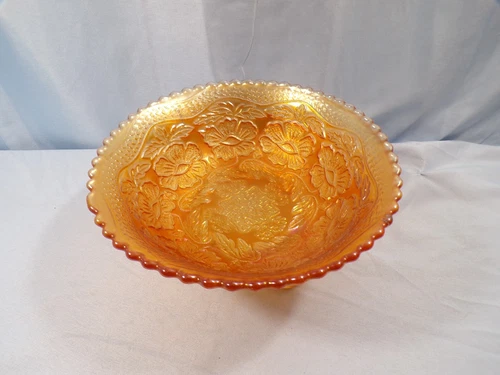 Vintage Fenton Two 2 Flowers Marigold Carnival Glass Spatula Footed Bowl 7 1/4"