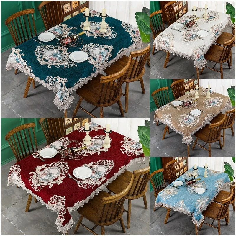 Tischtuch Schmücken Tischdecken Chenille Blumenmuster Quaste Fransen Ess Eu Blau - Bild 2 von 4