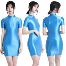 Women's Sexy Oil Smooth Glossy Dresses High Neck Short Sleeve Sports Tight Skirt