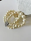 Vintage Faux Pearl Bracelet 3-Strand 7.5” Rhinestone Clasp Silvertone Jewelry