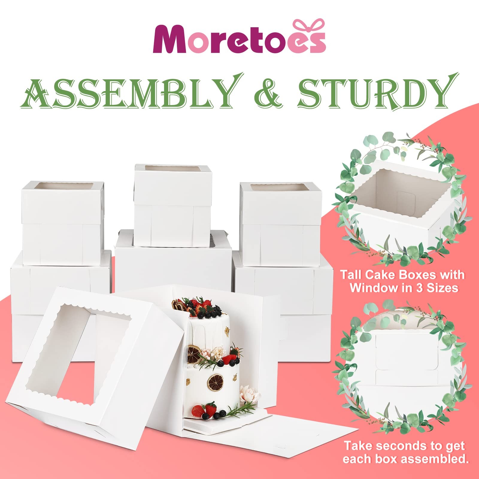 Moretoes 12 Pcs Cake Box Tall Boxes with Window in 3 Sizes 12x12x12 10x10x10