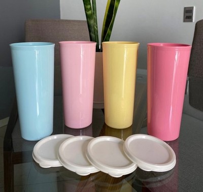 TUPPERWARE 4x Trinkbecher 475ml in Gelb, Rosa, Hellbau Koralle Becher