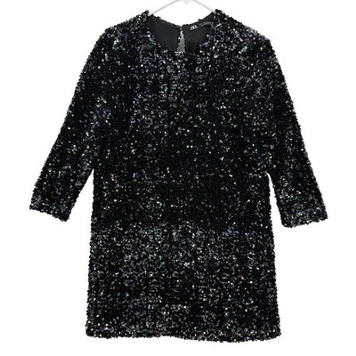 Zara Dress Womens Small Black Sequin 3/4 Sleeve Mini Party Cocktail Sparkle  New