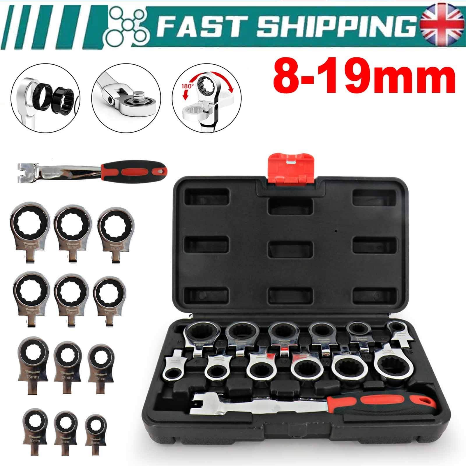 12Pcs 8-19mm Flexi Head Ratchet Spanner Set - Combination Wrench w/ Storage Box