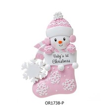 BABY SNOWMAN IN STOCKING- PINK Personalized Christmas Tree Ornament