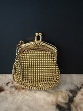 Vintage 80s Mesh Gold Tone Coin Purse With Kiss Clasp Satin Pouch Retro 3 1/2  