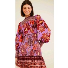 Farm Rio Purple Red Floral Smocked Mini Dress Lg Sleeve Mock Neck MSRO $245 Sm