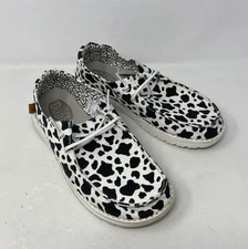HEYDUDE Wendy Milky Way Cow Print Women’s Slip-On Loafers White/Black - Size 10