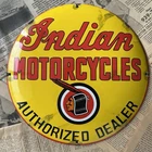 VINTAGE INDIAN MOTORCYCLES AUTHORIZED DEALER 12” IN CONVEX PORCELAIN ENAMEL SIGN