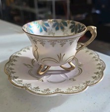 Demitasse Cup and Saucer Pearl Finish Green Floral Gold Trim